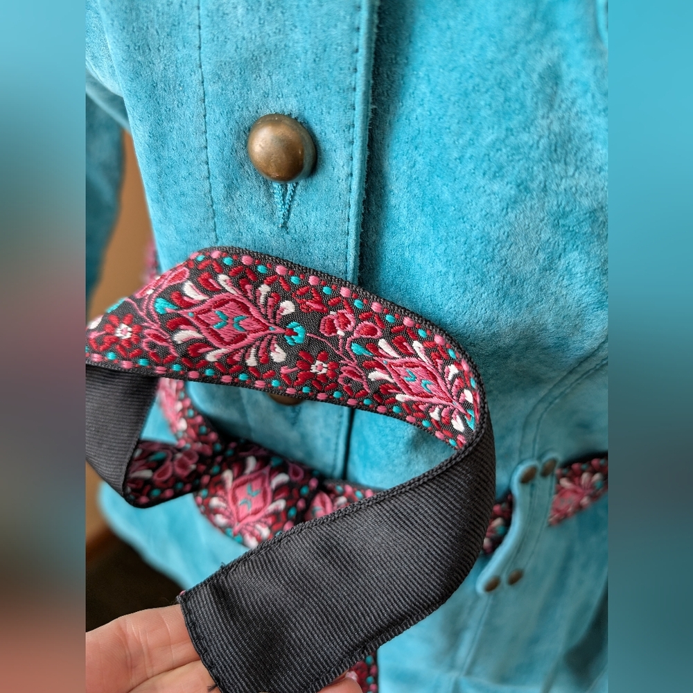 Ruff Hewn Suede Turquoise Utility Jacket with Patterned Belt Women's Size M - Picture 9 of 13